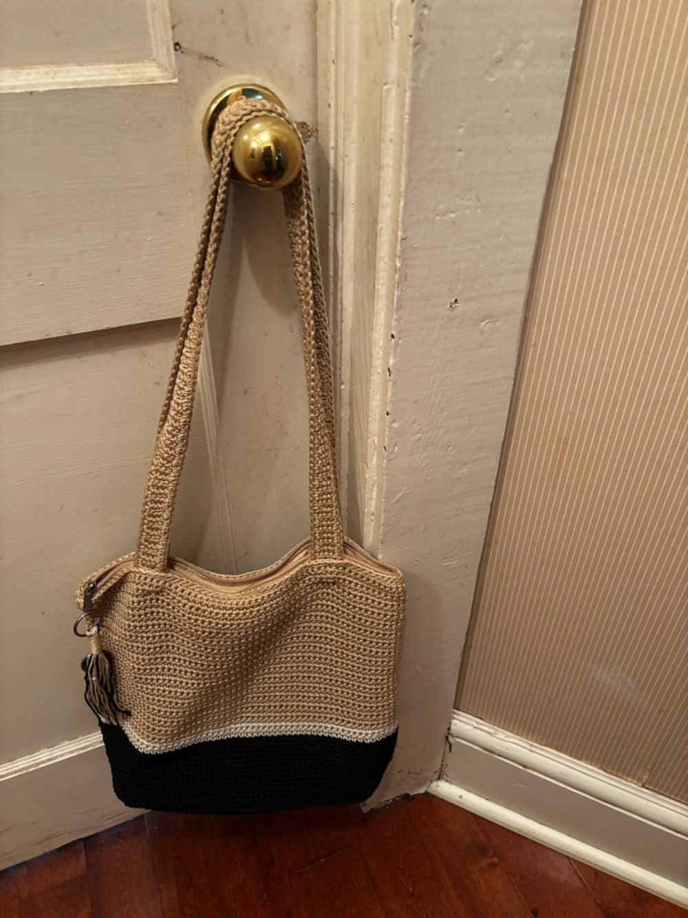 The Sak Two-Tone Crochet Shoulder Bag - Beige and Black